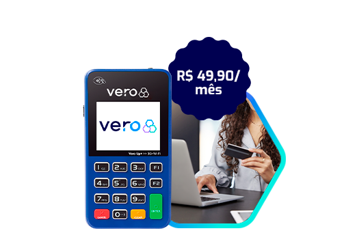 Mquina de carto Vero Chip+Wifi. Ao lado h um selo indicando o preo R$ 49,90 por ms e uma foto de uma mulher em frente ao notebook inserindo os dados de seu carto.